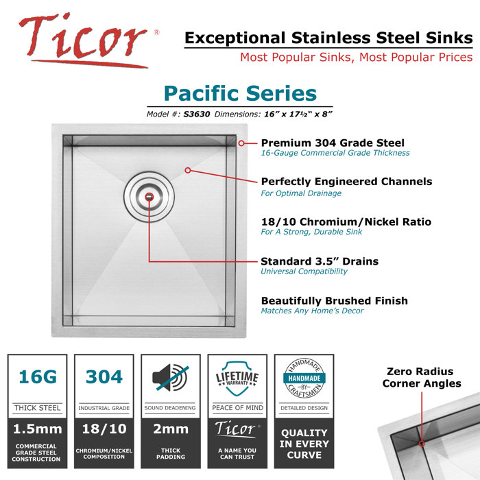 Ticor Sinks Pacific Series 16'' W Single Bowl Stainless Steel